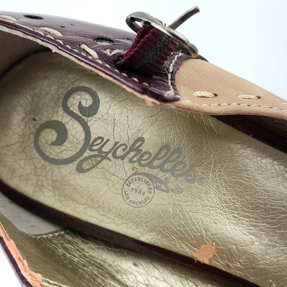 Seychelles  Retro Asterisk Nude Patent Burgundy Peep Toe Mary Jane Heels Size 8 - Picture 13 of 15